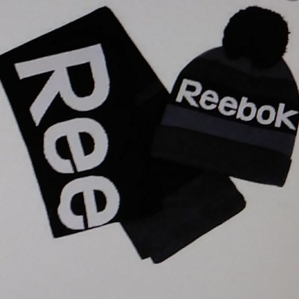 Reebok Men's Pompom Beanie and Scarf Set Black/Grey OS